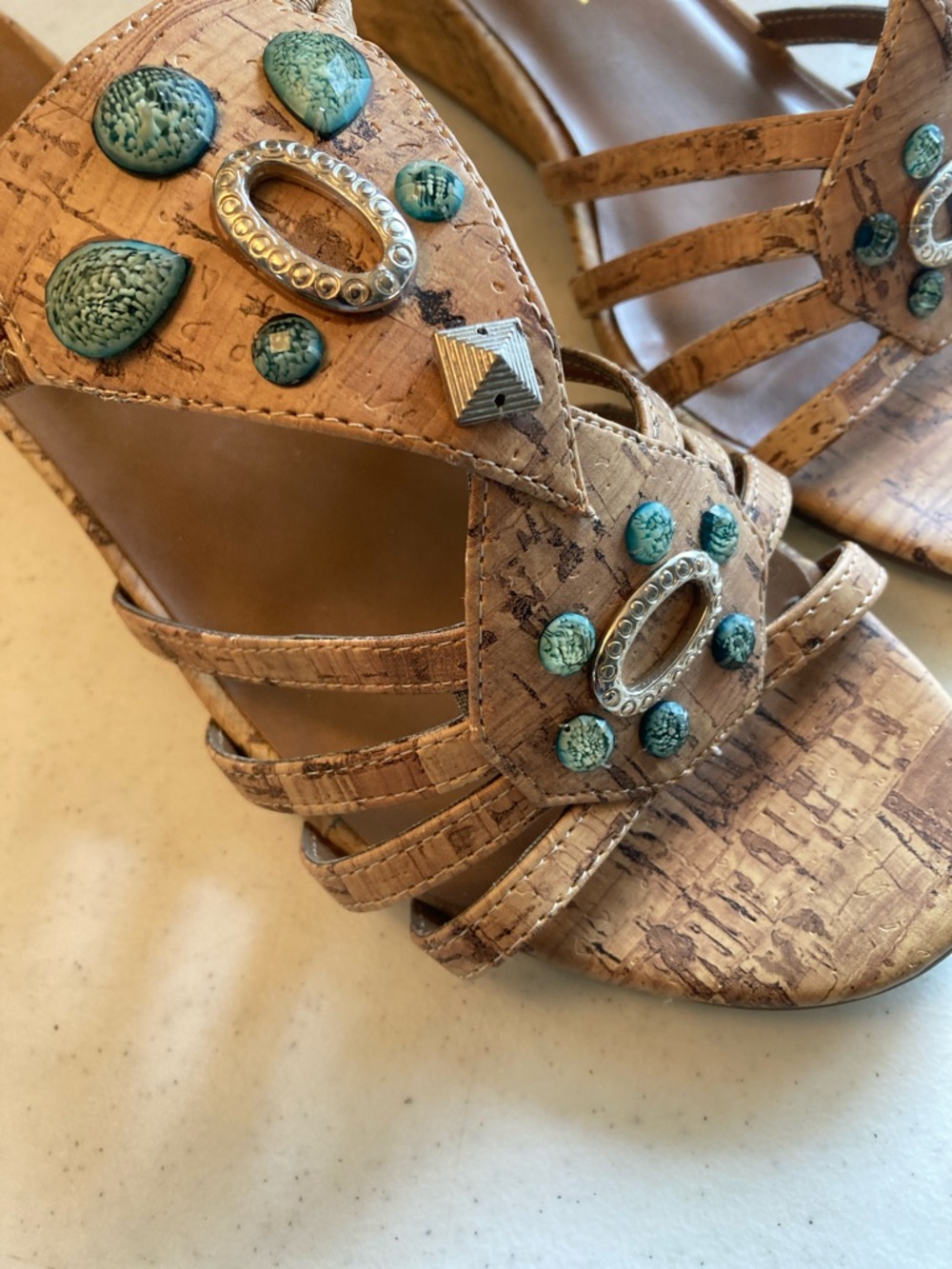 New York Transit Cork-Style Sandals with Faux Turquoise Stones - Picture 3 of 9